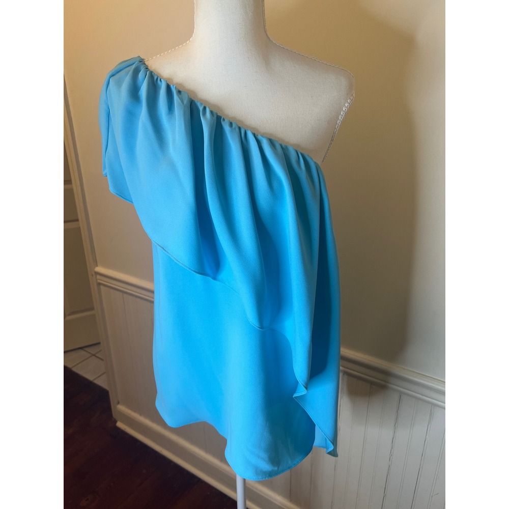 Trina Turk‎ Satisfied Top Turquoise Blue One Shoulder Ruffle Blouse Size M - Picture 4 of 9